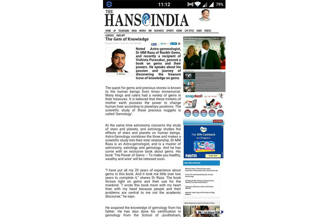 Dr MM RAZA Best popular Gemologist in hans india news