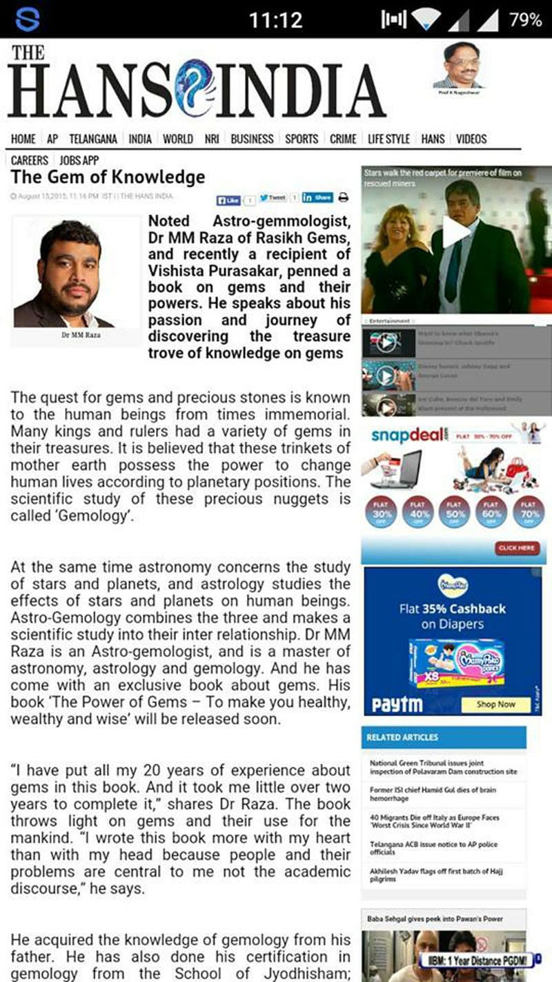 Dr MM RAZA world famous Gemologist on Hans india news